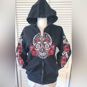 Vintage hot leather sugar skull roses, zip up hoodie